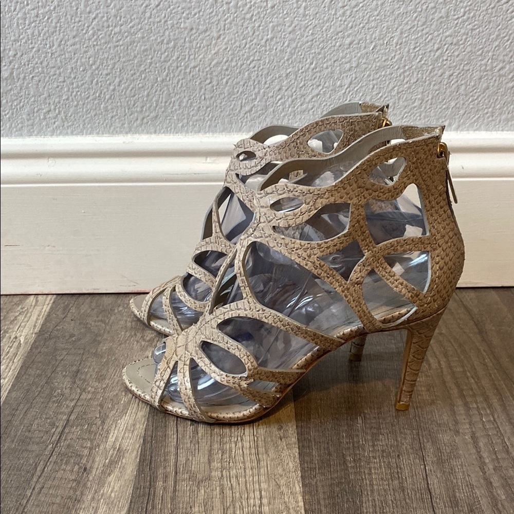 CHRISTIAN DIOR Paradis Python Embossed Leather Sandals Heels 37.5 Grey Cut Out - Picture 4 of 8